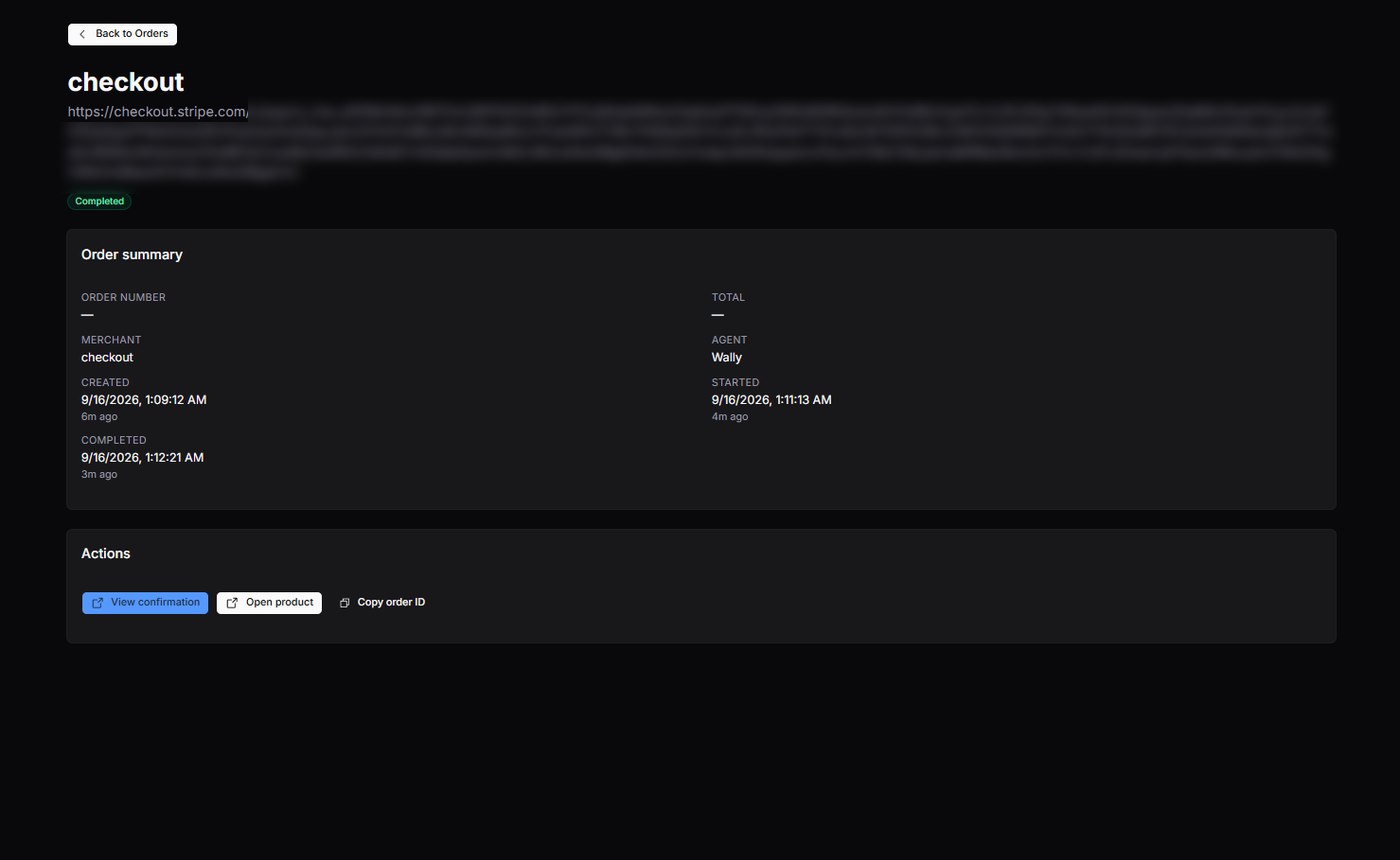 The agent wallet's own record of the completed checkout, with its own timestamps
