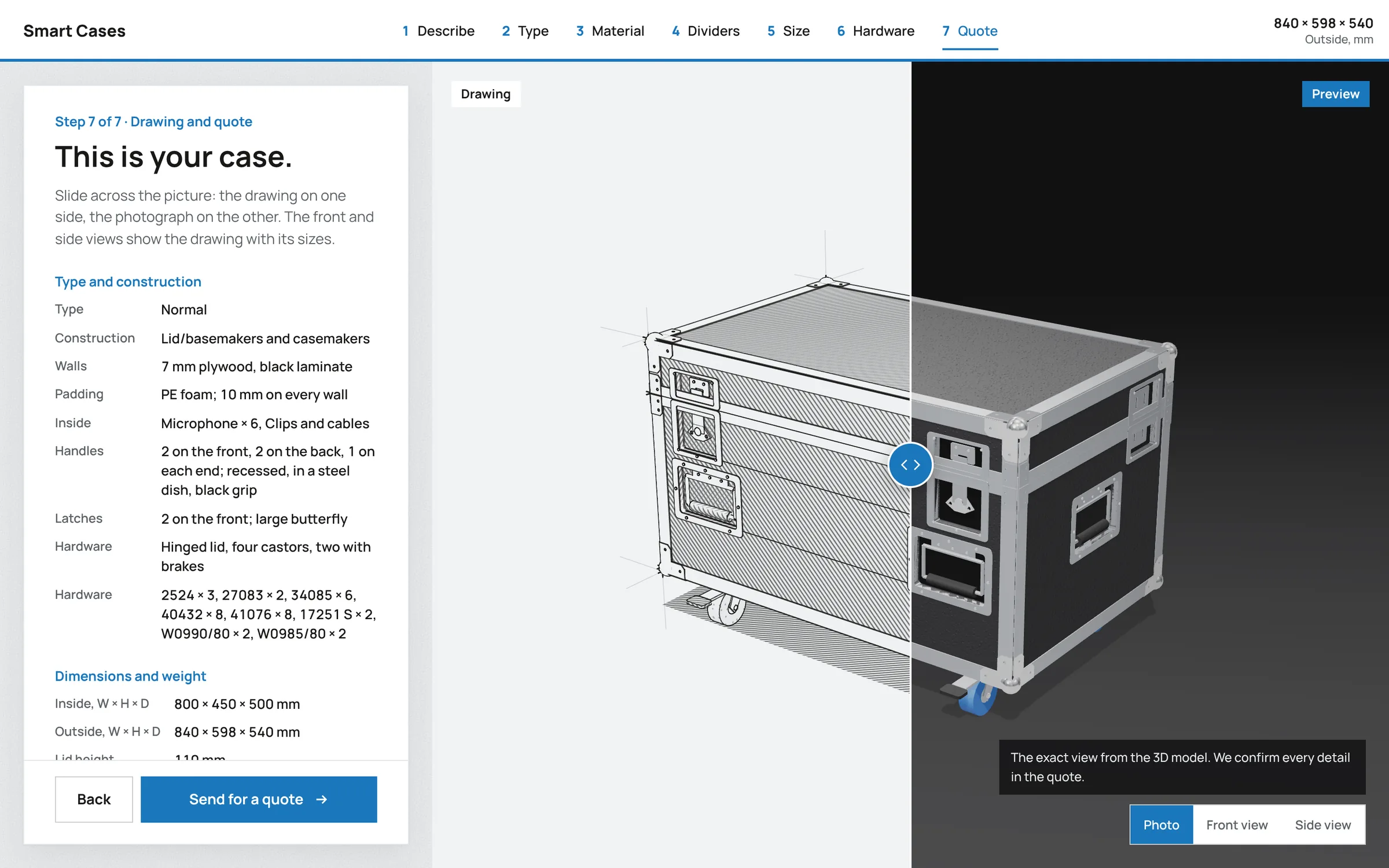 Последната стъпка на 3D конфигуратора на Smart Cases: чертежът на кейса и снимката му по същия 3D модел, разделени с плъзгач