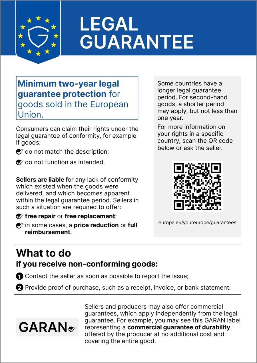 EU harmonised notice: legal guarantee of conformity, minimum two years for goods sold in the European Union